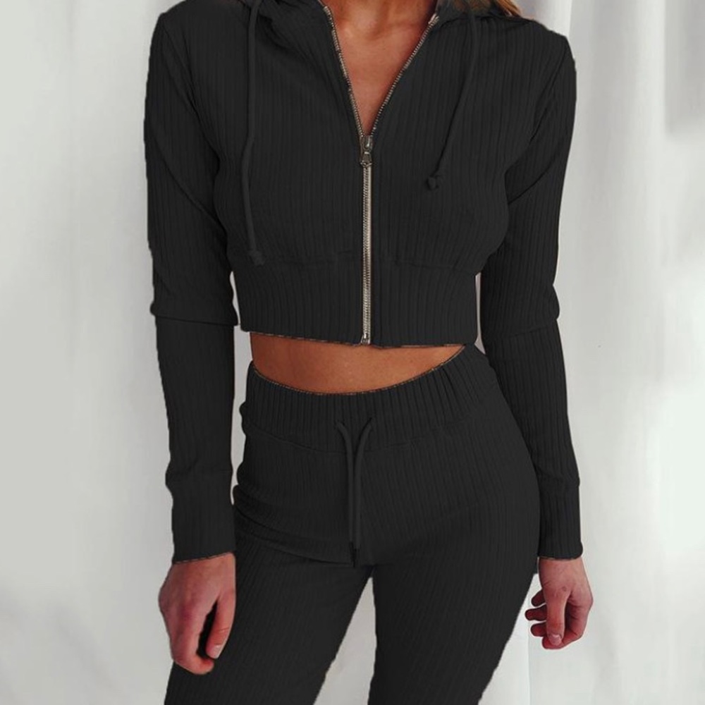 Casual Solid Color Zipper Up Two Piece Pants Set